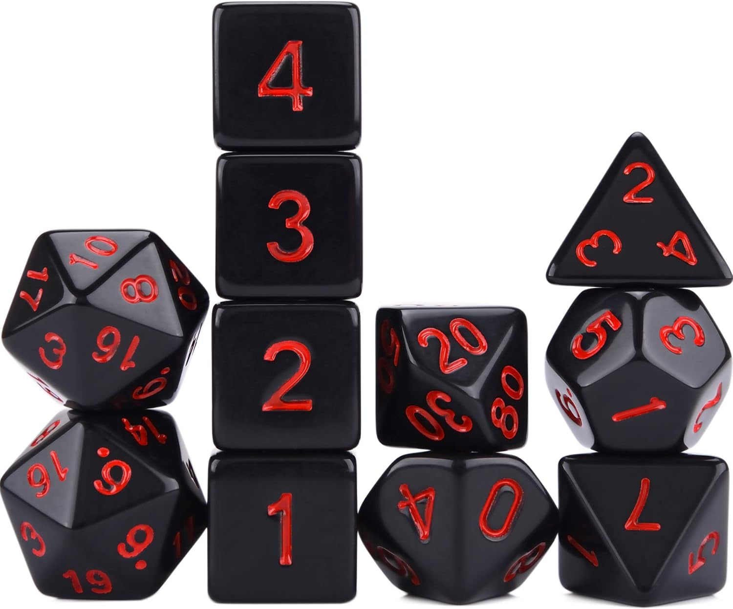 11 Piece RPG Polyhedral Dice Set with Drawstring Bag for Dungeons and Dragons 5E DND Tabletop Games (Opaque Black with Red Number)