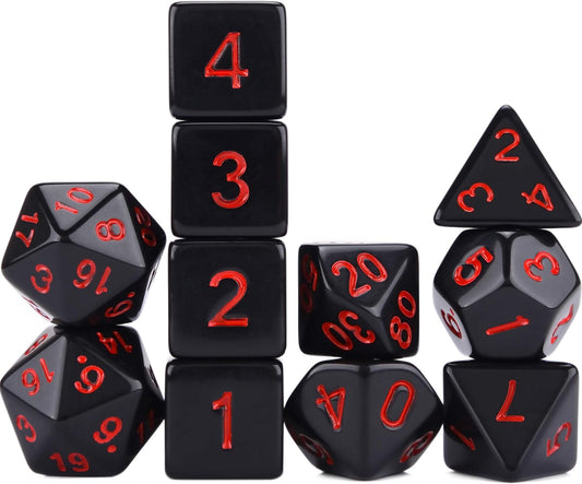 11 Piece RPG Polyhedral Dice Set with Drawstring Bag for Dungeons and Dragons 5E DND Tabletop Games (Opaque Black with Red Number)
