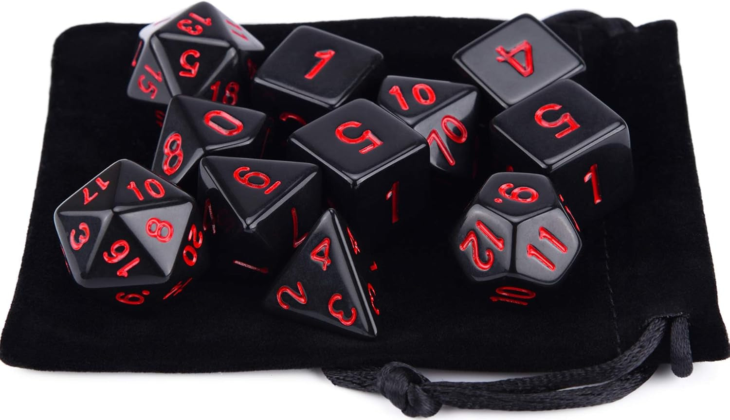 11 Piece RPG Polyhedral Dice Set with Drawstring Bag for Dungeons and Dragons 5E DND Tabletop Games (Opaque Black with Red Number)
