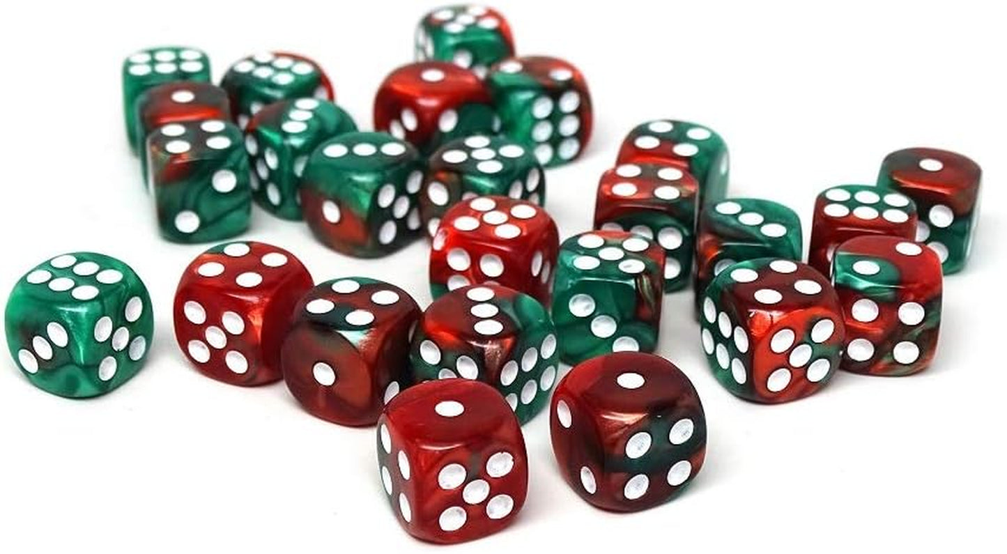 25 Count Pack of 12Mm D6 Dice - Matching Collection of 6 Sided Dice with Pips (Green and Red Swirl)