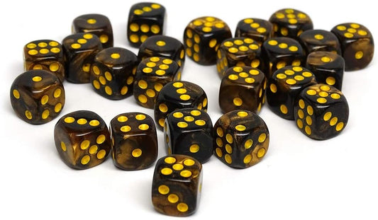 25 Count Pack of 12Mm D6 Dice - Matching Collection of 6 Sided Dice with Pips (Yellow and Black Granite)