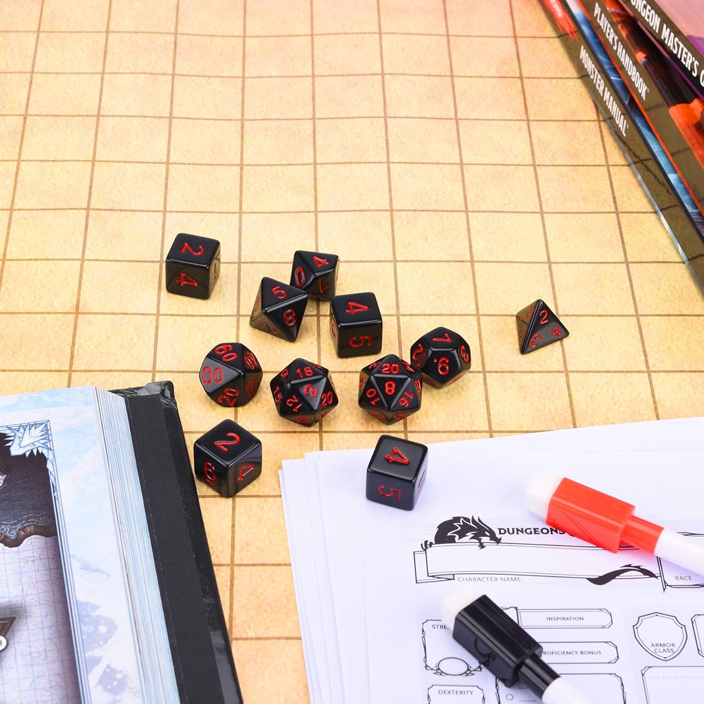11 Piece RPG Polyhedral Dice Set with Drawstring Bag for Dungeons and Dragons 5E DND Tabletop Games (Opaque Black with Red Number)