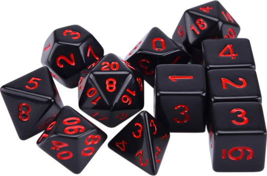 11 Piece RPG Polyhedral Dice Set with Drawstring Bag for Dungeons and Dragons 5E DND Tabletop Games (Opaque Black with Red Number)