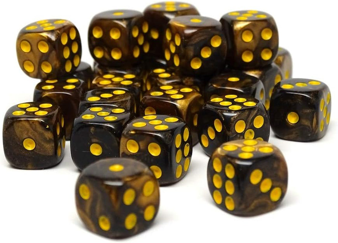 25 Count Pack of 12Mm D6 Dice - Matching Collection of 6 Sided Dice with Pips (Yellow and Black Granite)