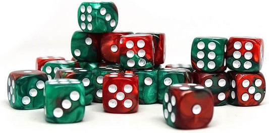 25 Count Pack of 12Mm D6 Dice - Matching Collection of 6 Sided Dice with Pips (Green and Red Swirl)