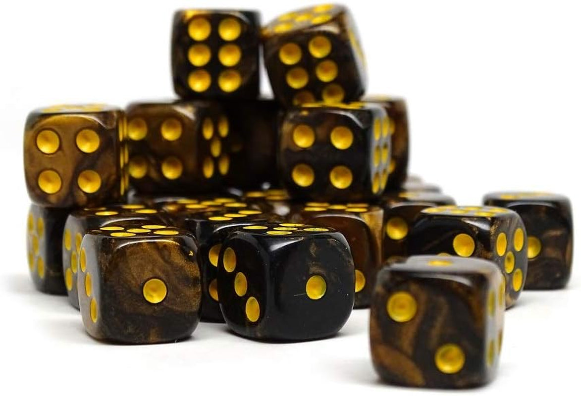 25 Count Pack of 12Mm D6 Dice - Matching Collection of 6 Sided Dice with Pips (Yellow and Black Granite)