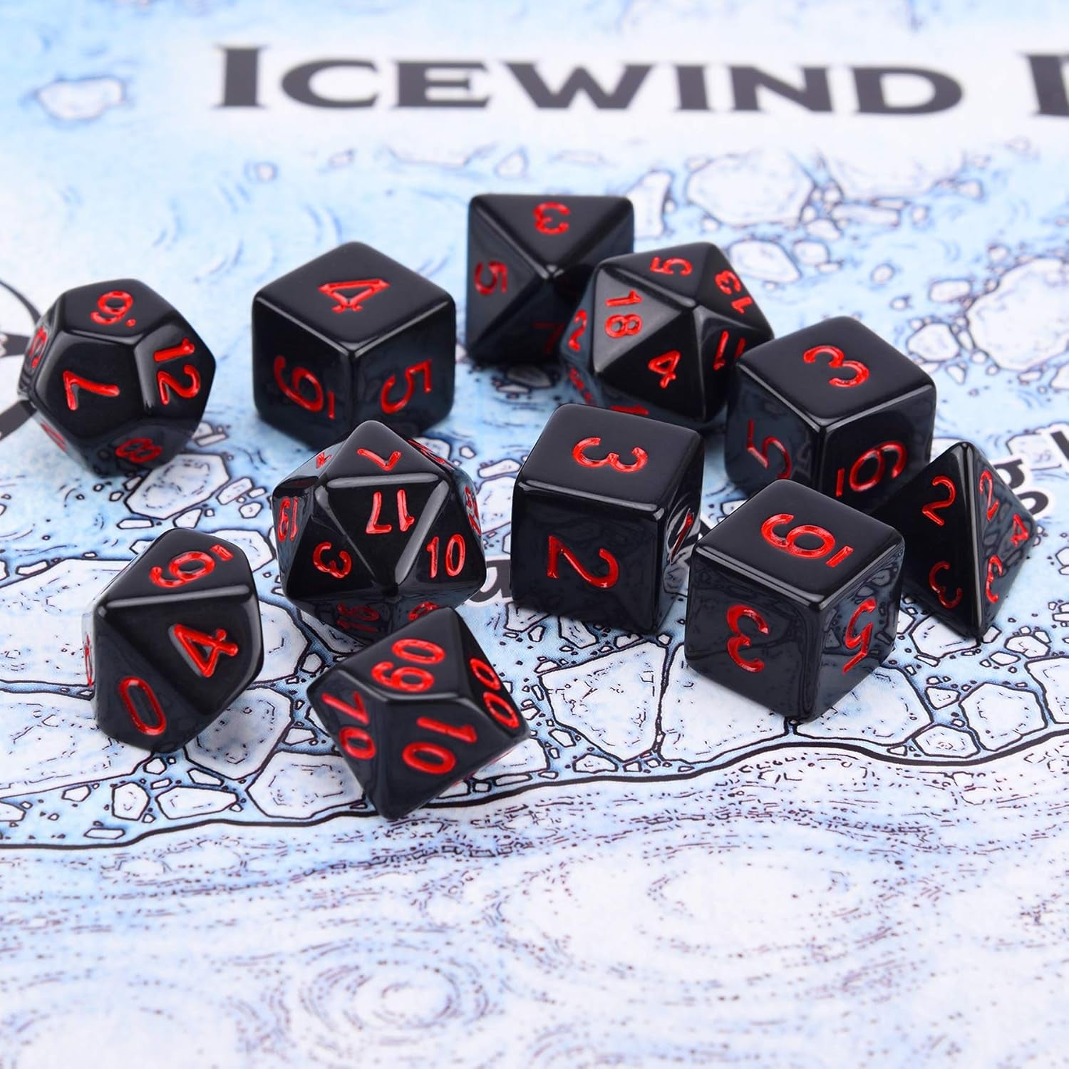 11 Piece RPG Polyhedral Dice Set with Drawstring Bag for Dungeons and Dragons 5E DND Tabletop Games (Opaque Black with Red Number)