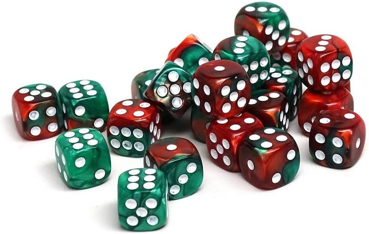 25 Count Pack of 12Mm D6 Dice - Matching Collection of 6 Sided Dice with Pips (Green and Red Swirl)